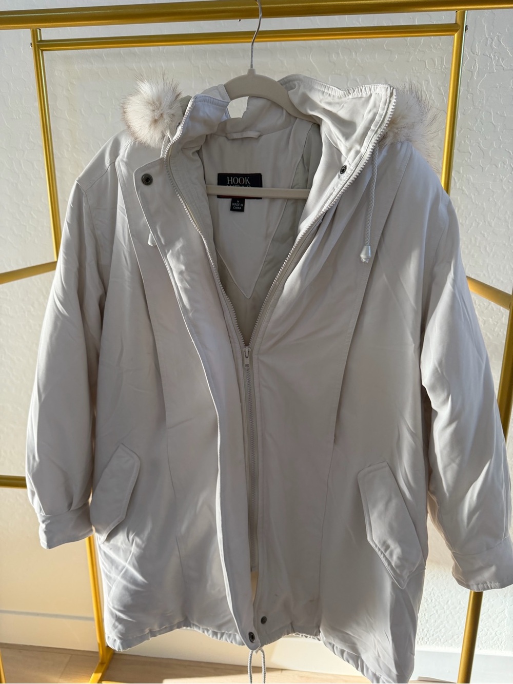 HOOK Cream Hooded Puffer Coat with Faux-Fur Trim